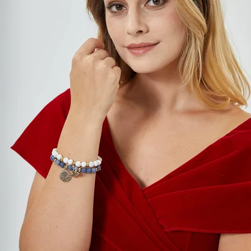 Vista 3 de Pulsera de piedras preciosas naturales para curación, yoga, cuentas para mujer, árbol de la vida, chakra, jaspe y ágata tibetana