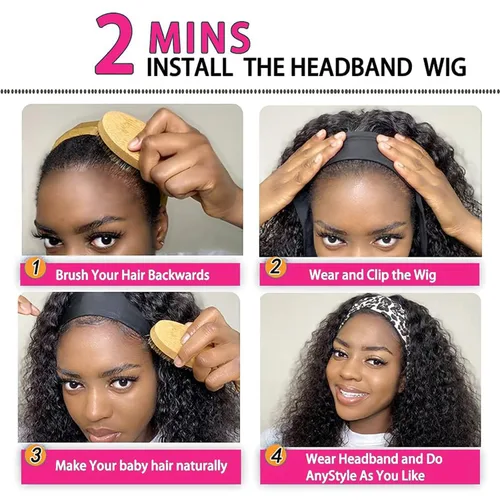 Vista 5 de Boopwine Peluca de cabello humano rizado con diadema para mujeres negras, 28 pulgadas, sin pegamento, sin encaje frontal, peluca de cabello virgen