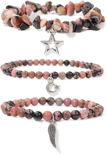 Vista 15 de Juego de 3 pulseras de cuentas de piedra natural para mujeres y hombres, estrellas y luna, alas de ángel, juego de pulseras curativas de reiki