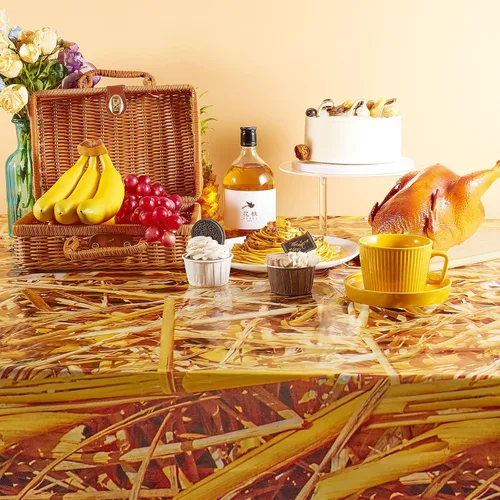 Vista 4 de 3 manteles de paja con balas de heno para decoración de granja, cubierta de mesa de heno, impermeable, mantel de paja de otoño, mantel rectangular