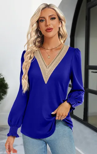 Vista 4 de Funlingo Camisetas casuales de encaje con cuello en V para mujer, blusas holgadas de manga larga abombada