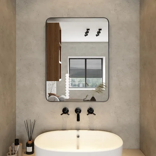 Vista 10 de Espejo de montaje en pared para baño, marco de metal negro, esquina redondeada, espejo de tocador de baño, espejo colgante decorativo, para sala