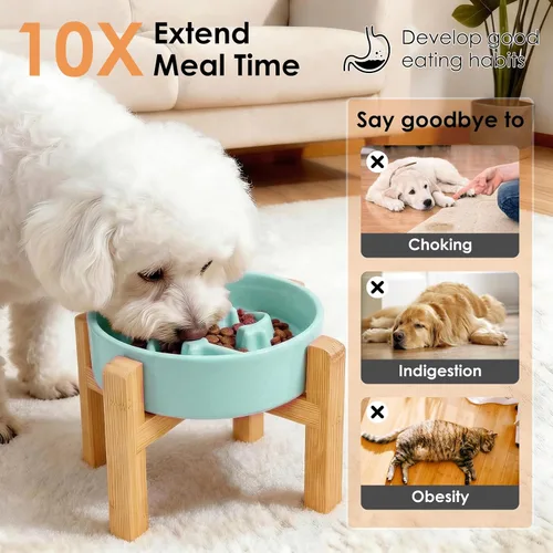 Vista 7 de Cuenco de cerámica para perros de raza pequeña, cuenco de alimentación lenta para perros con soporte de bambú, diseño de laberinto de rompecabezas
