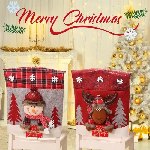 Vista 5 de Protector de cubierta trasera para silla de comedor de Papá Noel y renos navideños, adornos para decoración de interiores de Navidad, fiestas Muñeco