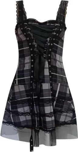 Vista 3 de Net Yarn - Vestidos con cordones y hombros descubiertos, ropa gótica para mujer, talla grande, vestido corto de encaje, vestidos medievales