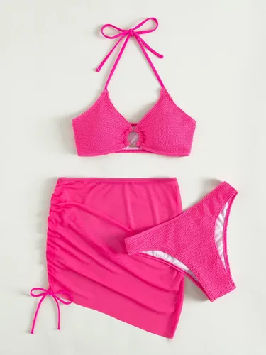 Vista 4 de MakeMeChic Traje de baño de 3 piezas para mujer con anillo halter y falda