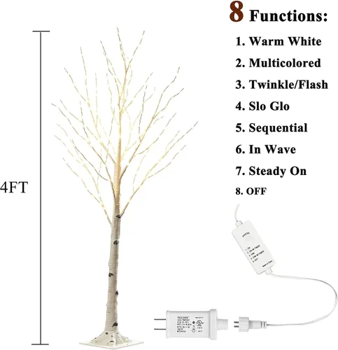 Vista 2 de Hairui Árbol de abedul iluminado con 200 luces multicolor y luces de hadas blancas cálidas, 8 funciones, 4 pies, árbol de ramitas blancas con luces