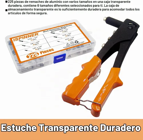 Vista 6 de ISPINNER Kit surtido de 225 remaches ciegos de aluminio negro con herramienta de remache manual resistente, 6 tamaños de remaches con divisor
