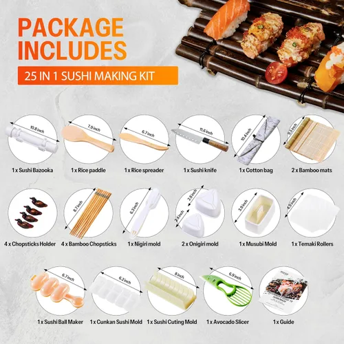 Vista 2 de ISSEVE - Kit de fabricación de sushi 25 en 1 con sushi bazuca y moldes de bambú Juego de bricolaje para principiantes para rollos, nigiri