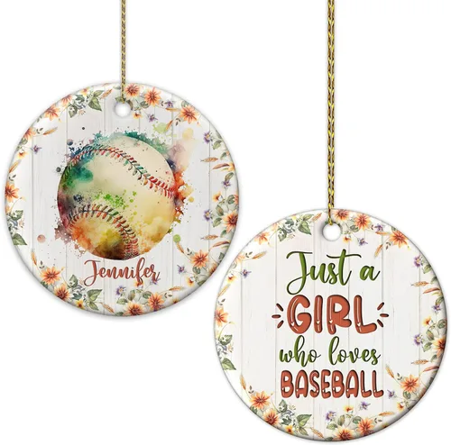 Vista 7 de Hyturtle Adorno de Navidad personalizado para amantes del béisbol, adorno de cerámica con nombre personalizado de Just A Girl Who Loves Baseball