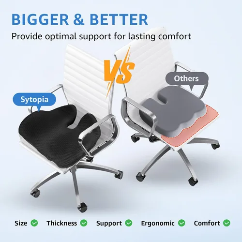 Vista 2 de Sytopia Cojín Extra Grande para Silla de Oficina, 19" x 17" Cojín de Asiento de Espuma Viscoelástica Ergonómica, Alivio de Presión para Dolor