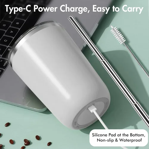 Vista 6 de Beyoung Taza mezcladora eléctrica portátil de 12 onzas, taza de café de viaje de acero inoxidable con tapa a prueba de fugas, vaso mezclador Blanco