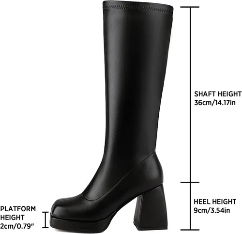Vista 2 de Botas de cuero negro con plataforma para mujer, botas de tacón grueso con punta cuadrada