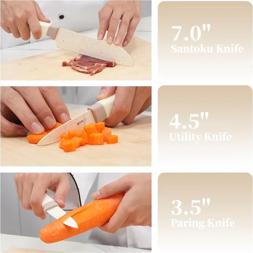 Vista 6 de Juego de 15 cuchillos con bloque, juego de cuchillos de cocina de acero inoxidable de alto carbono con hoja recubierta de cerámica, afilados y Crema
