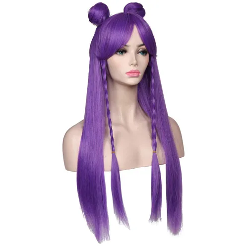 Vista 4 de ColorGround Peluca larga y recta trenzada morada con dos moños para cosplay y contras