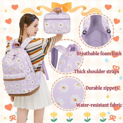 Vista 18 de 3 piezas de mochila con estampado de margaritas para niños, mochila de escuela primaria, mochila para estudiantes de primaria, mochila para Negro