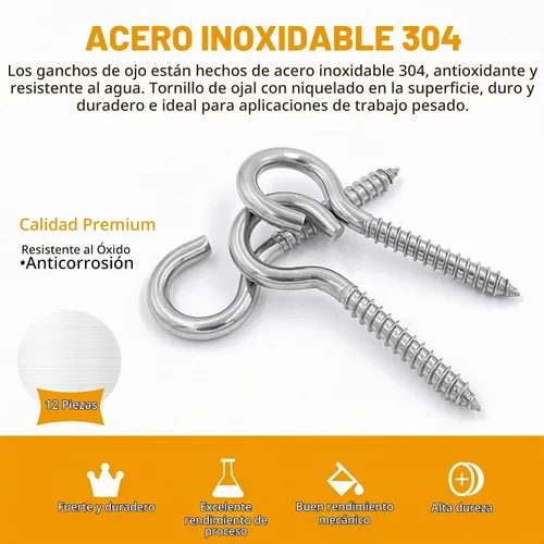 Vista 6 de Paquete de 6 ojos de tornillo de acero inoxidable 304 de 3.2 pulgadas, ganchos de rosca resistentes para soporte de hamaca, techo interior y exterior