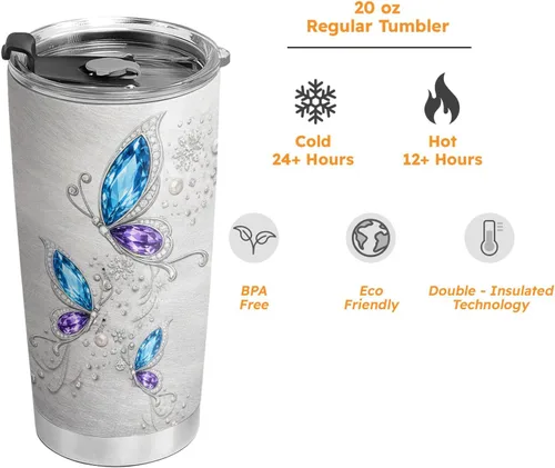 Vista 7 de 20oz Jewelry Butterfly Tumbler, Inspirational, Motivational Birthday Gifts for Butterfly Lovers, Coffee Tumbler for Women, Stainless Steel Double