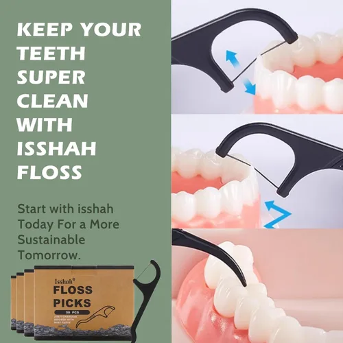 Vista 6 de Isshah - Palillos de hilo dental natural, 200 unidades, aprobados por PETA, sin BPA, veganos, sostenibles, respetuosos con el medio ambiente, hilo