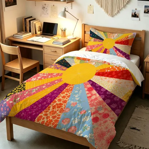 Vista 6 de Juego de ropa de cama de 4 piezas con diseño floral de explosión de sol Patchwork Artesano