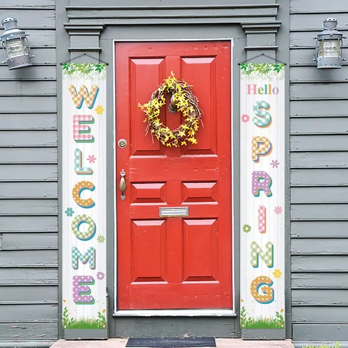Vista 6 de Letrero colgante con texto en inglés «Hello Welcome Spring Happy Easter» para porche, puerta delantera, decoración interior y exterior