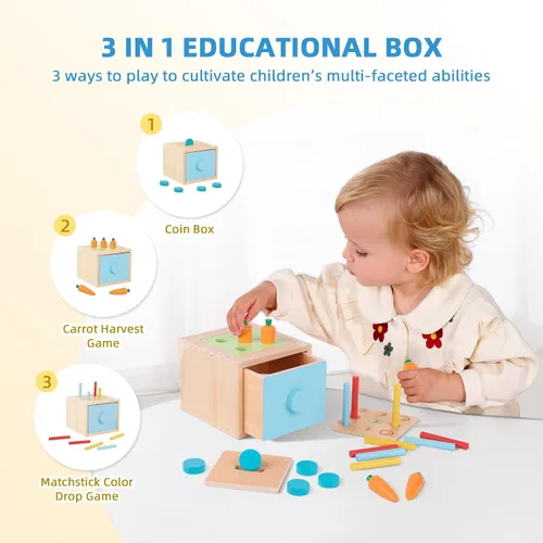 Vista 3 de OOOK Juguetes Montessori para niños de 1 año, kit educativo de aprendizaje 7 en 1 con cubo sensorial, caja de anidación, caja educativa 3 en 1