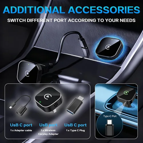Vista 9 de Mini Adaptador Inalámbrico CarPlay para iPhone, 2 en 1 para Apple CarPlay y Adaptador Android Auto, Convierte de Cableado a Inalámbrico, Plug & Negro