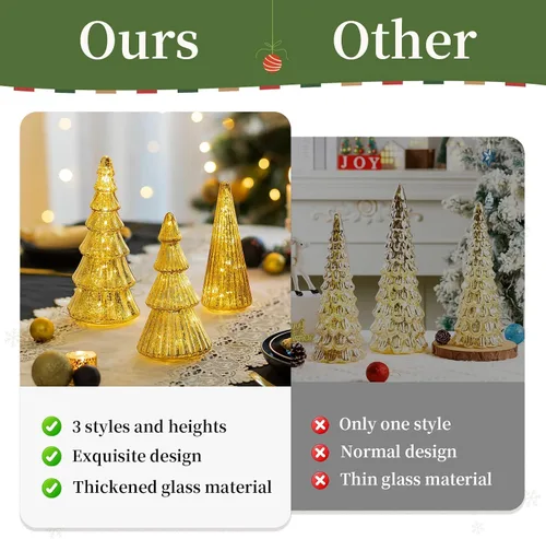 Vista 7 de Glasseam Centros de mesa de Navidad dorados para mesa: juego de 3 árboles de Navidad de vidrio de mercurio con luces, árboles de Navidad de mesa