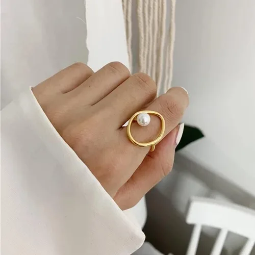 Vista 6 de FUNYCHEN Anillo de perlas de plata esterlina, anillo de perlas S925 para mujer, minimalista, irregular, oro, inspirador, anillo de perlas cultivadas