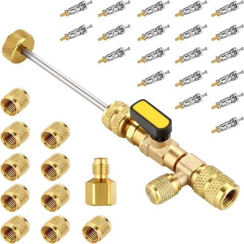 Vista 11 de Herramienta de extracción de núcleo de válvula HVAC WADEO, removedor de núcleo de válvula con 10 núcleos de válvula, 5 tuercas de latón y 2