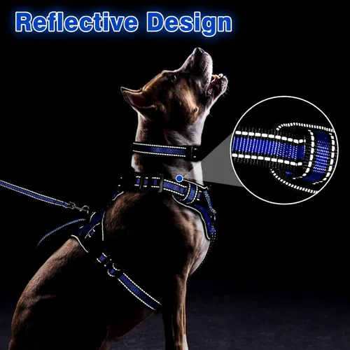 Vista 5 de Juego de arnés reflectante todo en uno para perro, collar y correa, sin tirones con hebillas ajustables, talla XL, azul oscuro
