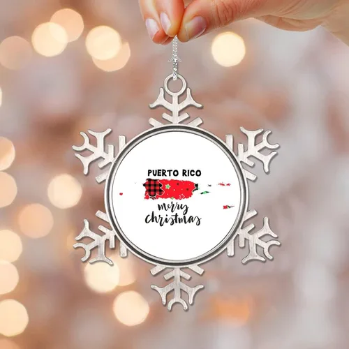 Vista 8 de Adorno de metal con texto en inglés «Merry Christmas» de Puerto Rico, recuerdo de recuerdo para árbol de Navidad, colgante de copo de nieve