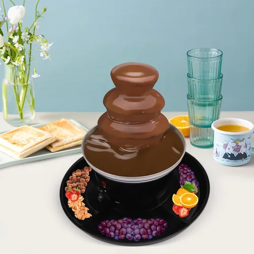 Vista 5 de Mini máquina de fuente de chocolate de 3 niveles, 10 brochetas de bambú, bandeja de servir extraíble, fuente de fondue de chocolate de 16 onzas