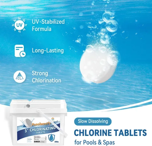 Vista 3 de Tabletas de cloro para piscinas y spas Desinfectante de larga duración de disolución lenta para agua limpia y clara (3 a 20 libras)