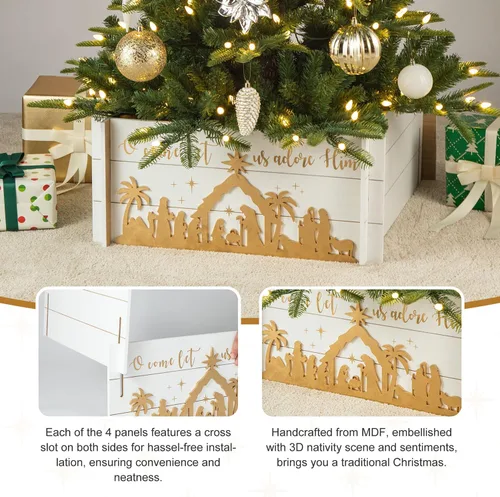 Vista 3 de Glitzhome Collar de árbol de madera, cubierta de base de árbol de Navidad, collares de árbol de Navidad para árboles artificiales, escena