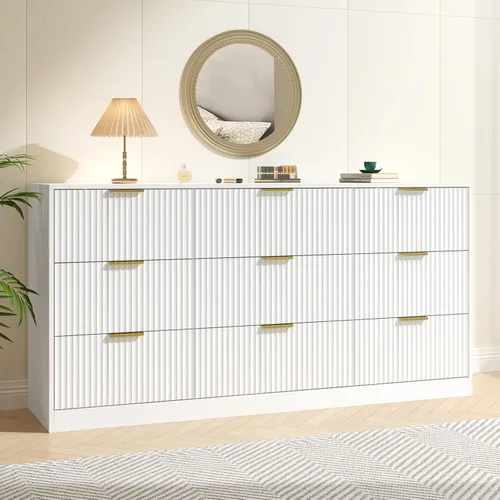 Vista 16 de Cómoda negra con 6 cajones profundos, cómoda acanalada de 55" de ancho para dormitorio con tirador dorado, cómoda moderna para armario, dormitorio