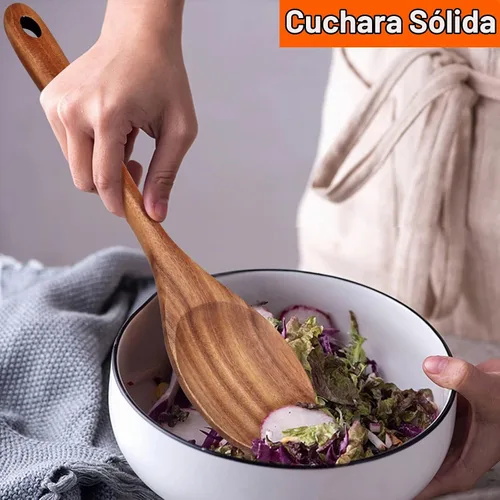 Vista 7 de Cuchara de madera grande de 14" para cocinar cucharas de mezcla de madera grande no tóxicas Long Stirring Spoon Teak Baking Cooking Spatula Acacia