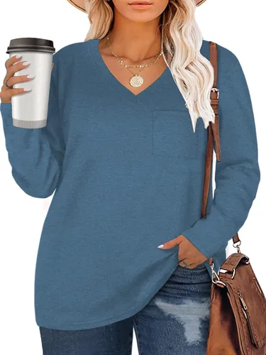 Vista 7 de DOLNINE Camisetas de manga larga con cuello en V para mujer, estilo casual, con bolsillo 01_negro gris oscuro gris