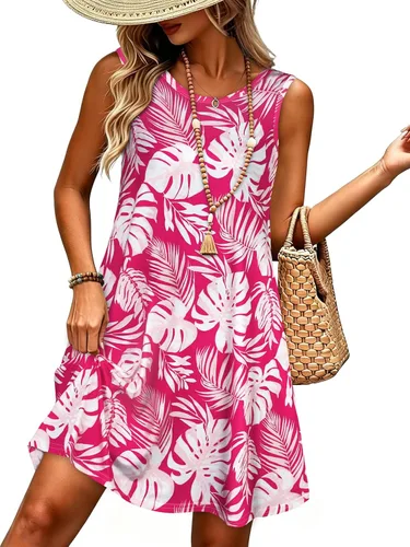 Vista 54 de elescat Vestidos de verano para mujer 2025, vestido casual de playa sin mangas con estampado floral, tipo camiseta, suelto y con bolsillos
