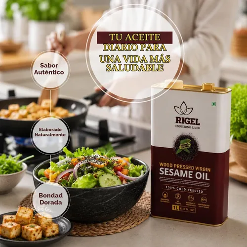 Vista 2 de Rigel Spices Aceite de sésamo prensado en frío molido naturalmente en lata ecológica de 33.8 fl oz (lata de 1 litro) Sin conservantes