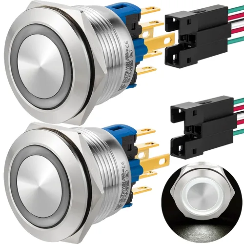 Vista 22 de 2 interruptores de botón de cierre de 0.866 in, 7/8 pulgadas, 110 V-120 V, SPDT, interruptor de encendido y apagado, impermeable, IP67, acero Azul