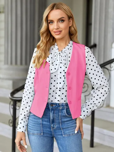Vista 5 de GAMISOTE Chaleco con botones para mujer, estilo vintage, sin mangas, cuello en V, elástico, de gasa, chaleco