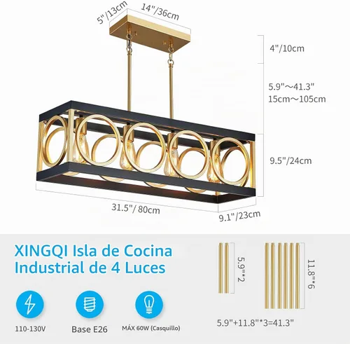 Vista 3 de XINGQI Lámpara de araña rectangular moderna, iluminación de isla de cocina de granja, accesorio de luz colgante industrial rústico de 4 luces