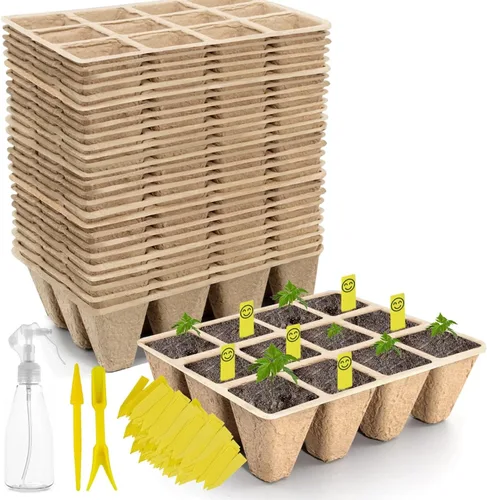 Vista 9 de Bandeja de inicio de semillas 100 celdas, macetas de turba biodegradables para plántulas, paquete de 10 vasos cuadrados de pulpa de 1.8 pulgadas