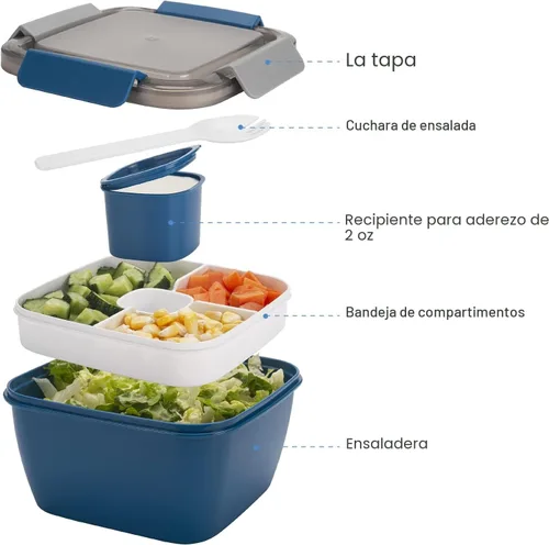Vista 3 de Freshmage Recipiente para Ensalada para Llevar, Cuencos de Ensalada de 52 oz con 3 Compartimentos, Recipiente de Aderezos de Ensalada