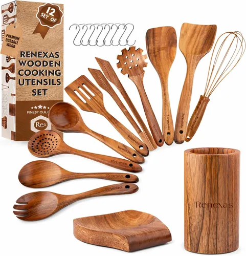 Vista 7 de Juego de utensilios de cocina de madera de teca para cocinar, cucharas