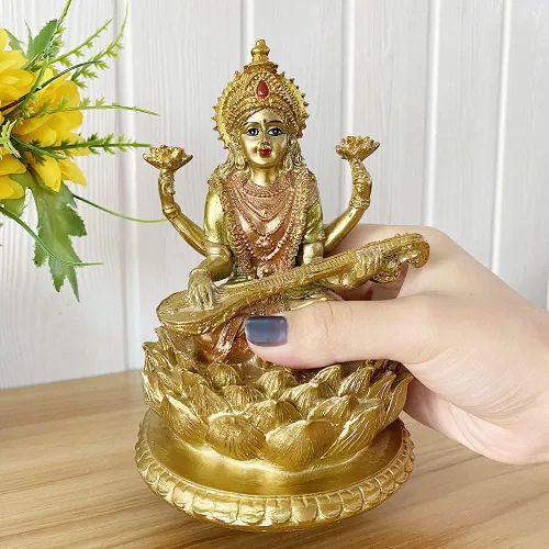 Vista 2 de BangBangDa Diosa hindú Señor Saraswati estatua – Ídolo indio de la música sentado en la escultura de loto – Figura de Dios de la India