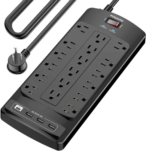 Vista 13 de Regleta protectora de sobretensiones de 18 tomas – Cable de extensión de enchufe plano de 6 pies resistente con 18 tomas amplias y 4 puertos USB
