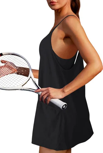 Vista 6 de Yidarer - Vestido corto deportivo de verano para mujer, sin mangas, tirantes delgados, pantalones cortos incorporados, escote redondo y bolsillos
