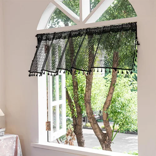 Vista 6 de Deeprove - Cenefa de cortina bohemia negra de 18 pulgadas de largo para cocina y cafetería, cortina corta bohemia de encaje transparente de crochet